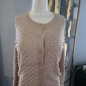 Givenchy Paris Beige Wool Silk Cardigan Pearl Crystal Button Size Small Designer